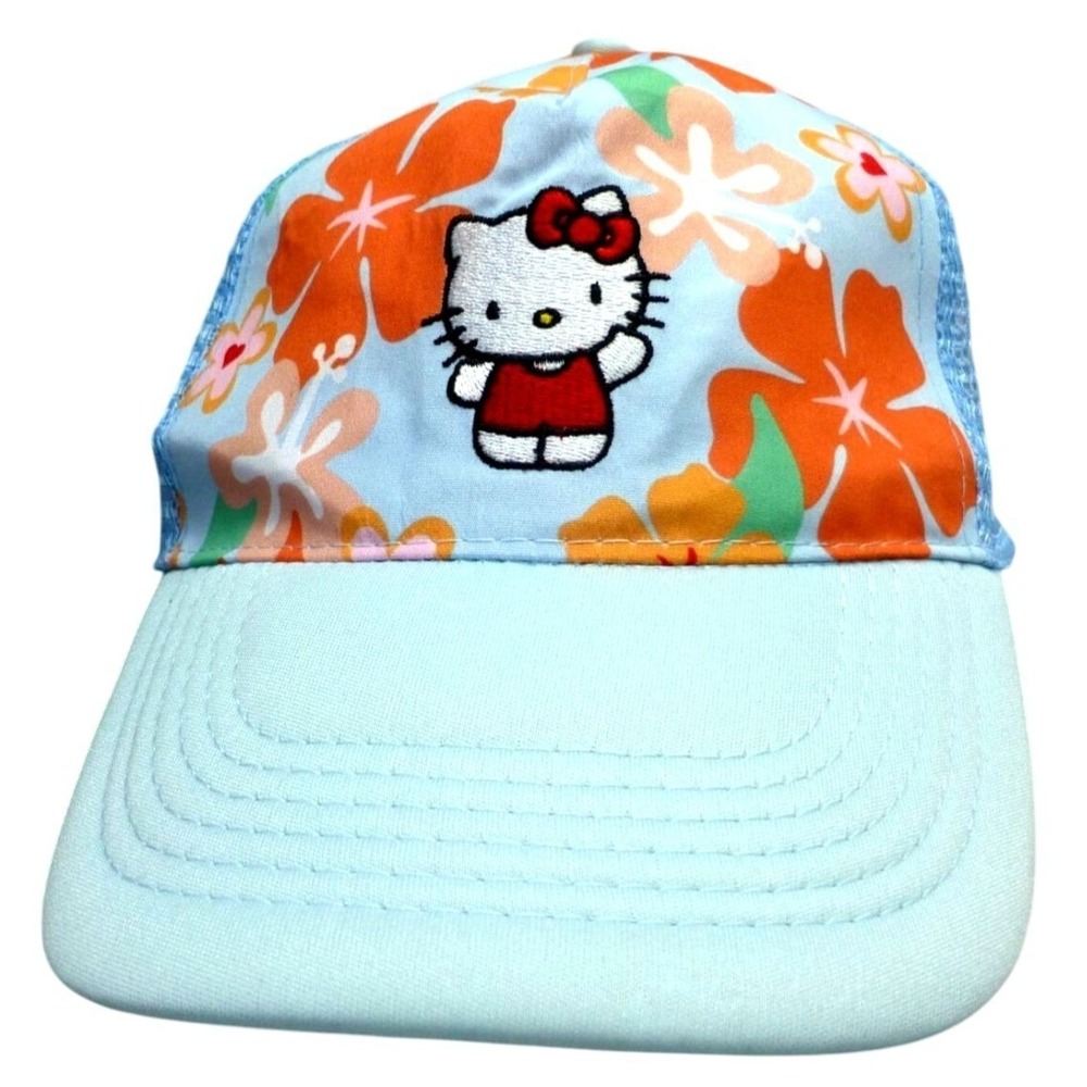 Hello Kitty Floral Mesh Trucker Hat Adjustable Snapback Light Blue & Orange